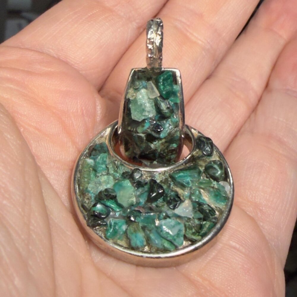 Malachite Chip  Articulated Pendant Green Stone Mosaic Silver Tone 2" - Picture 5 of 8